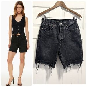 Aritzia Denim Forum The Yoko Long Short Jeans Black Wash Cut Off Frayed Hem 26